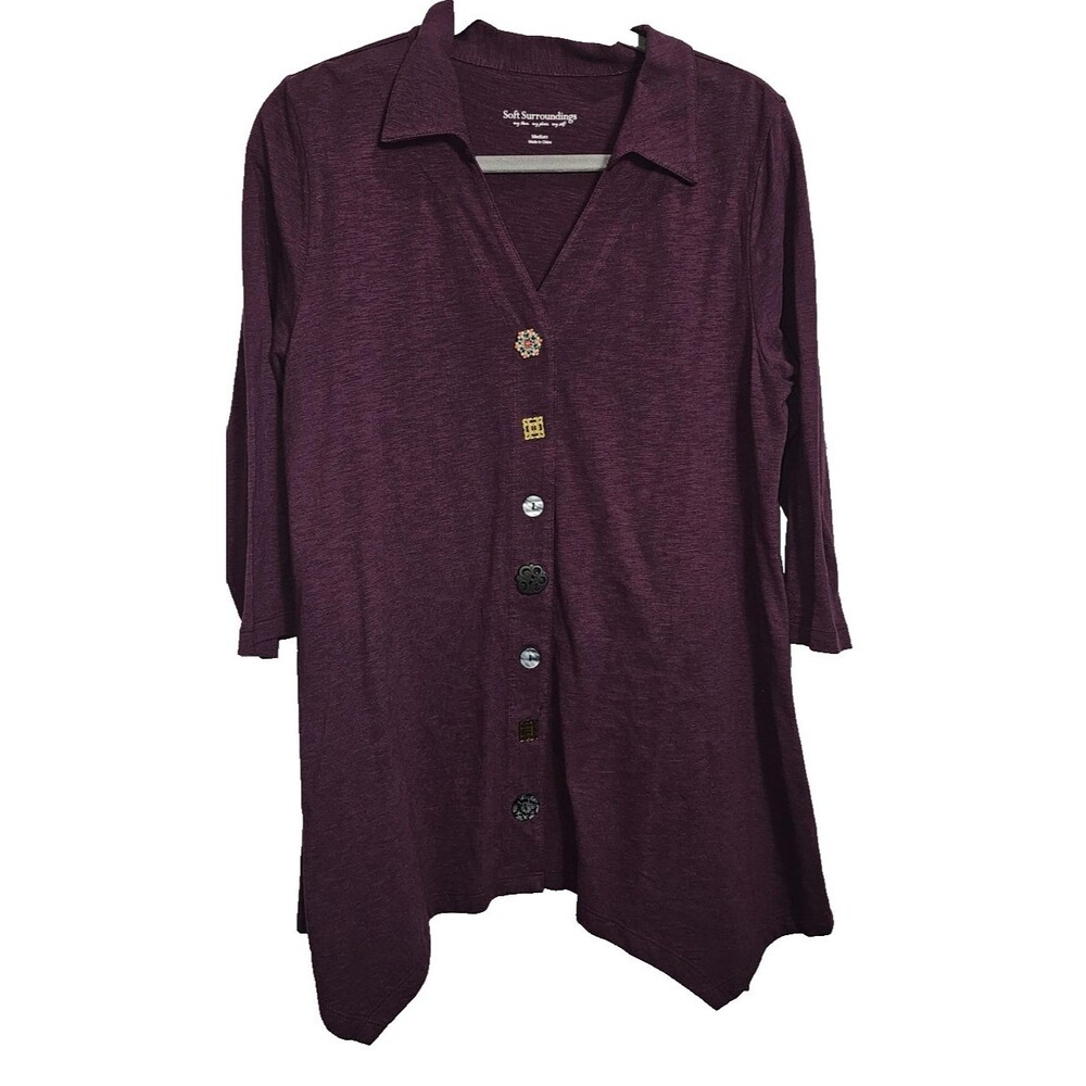 Soft Surroundings Tunic Womens M Purple Jersey Beaded Button Up 3/4 Sleeve